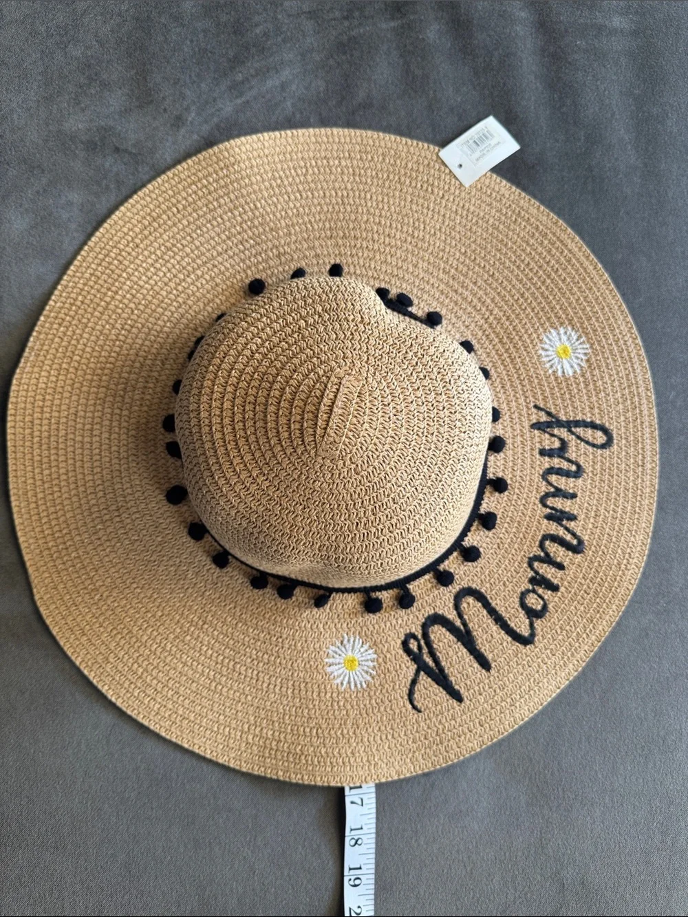 Wide Brim Straw Sun Hat with 'Mommy' Script & Daisy Embroidery One Size NEW